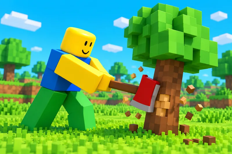 Blocky lumberjack swinging a red axe