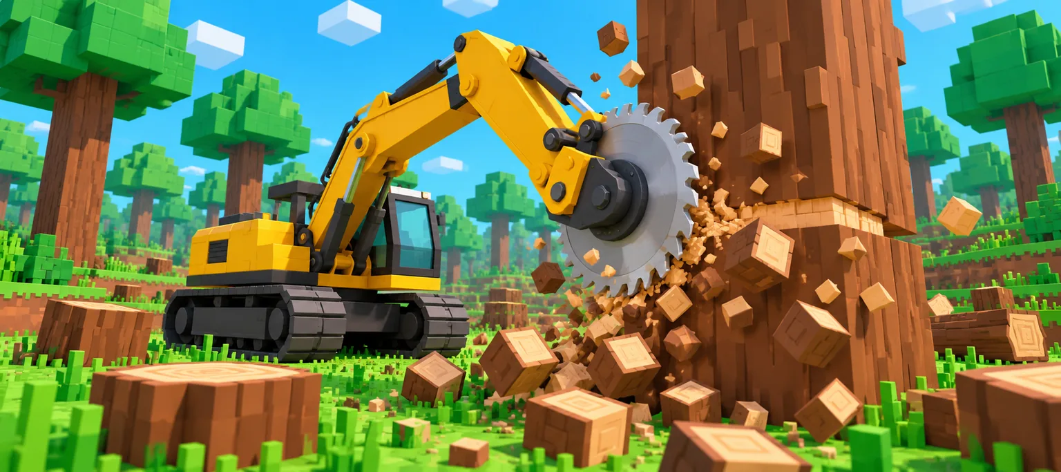 Chop A Forest (Roblox) – a yellow saw cutting a giant blocky tree